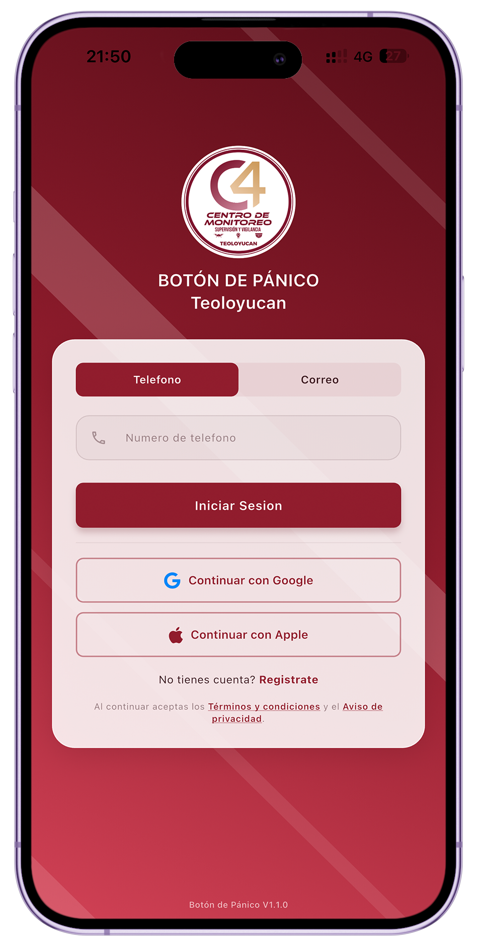Pantalla de inicio de sesión